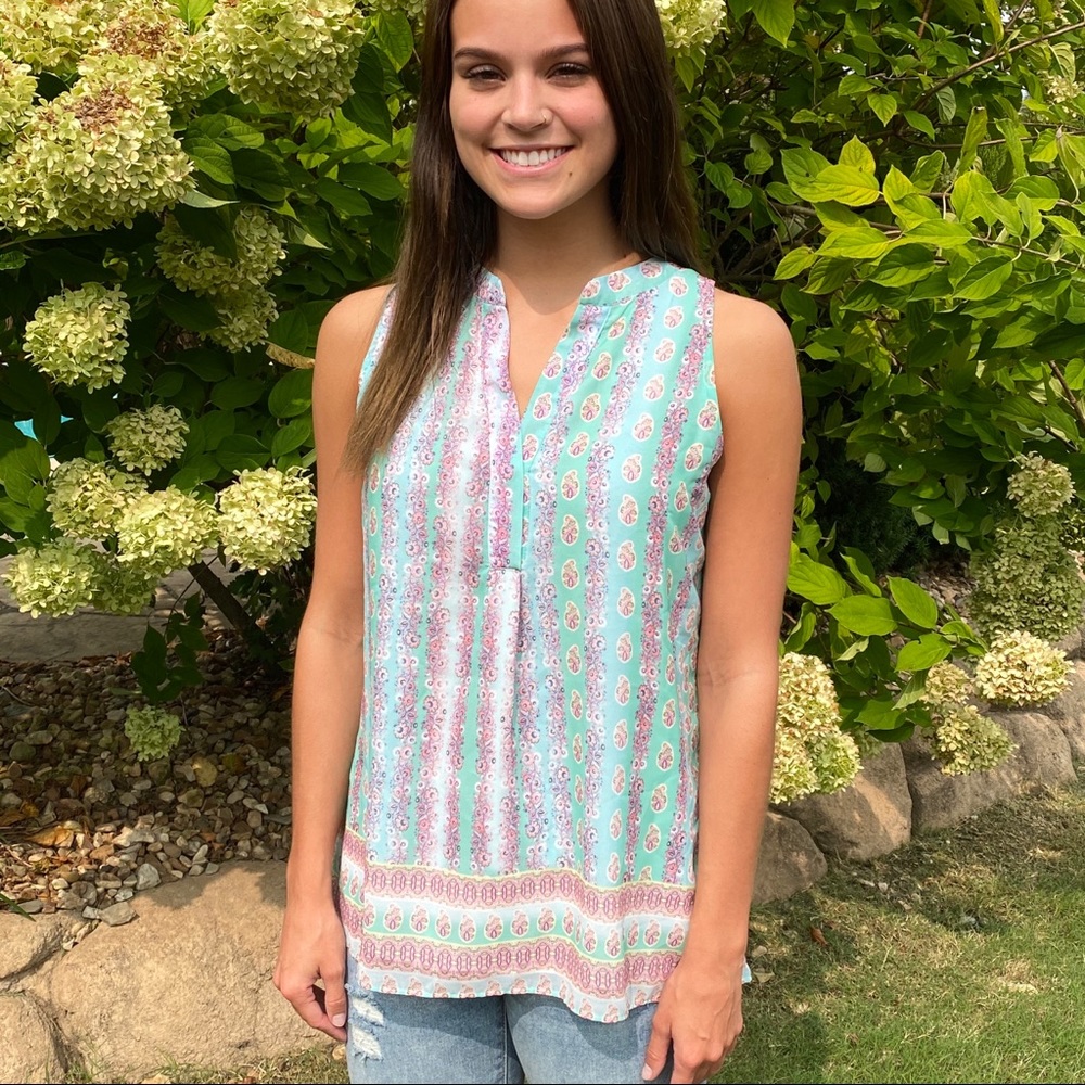 Kenar Green & Pink Floral Lined Sleeveless Top